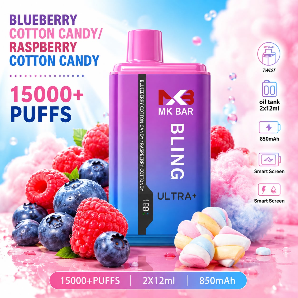 MK Bar Bling Ultra+ 15K Nicotine-Free Twin Flavour Vapes (Box of 5)