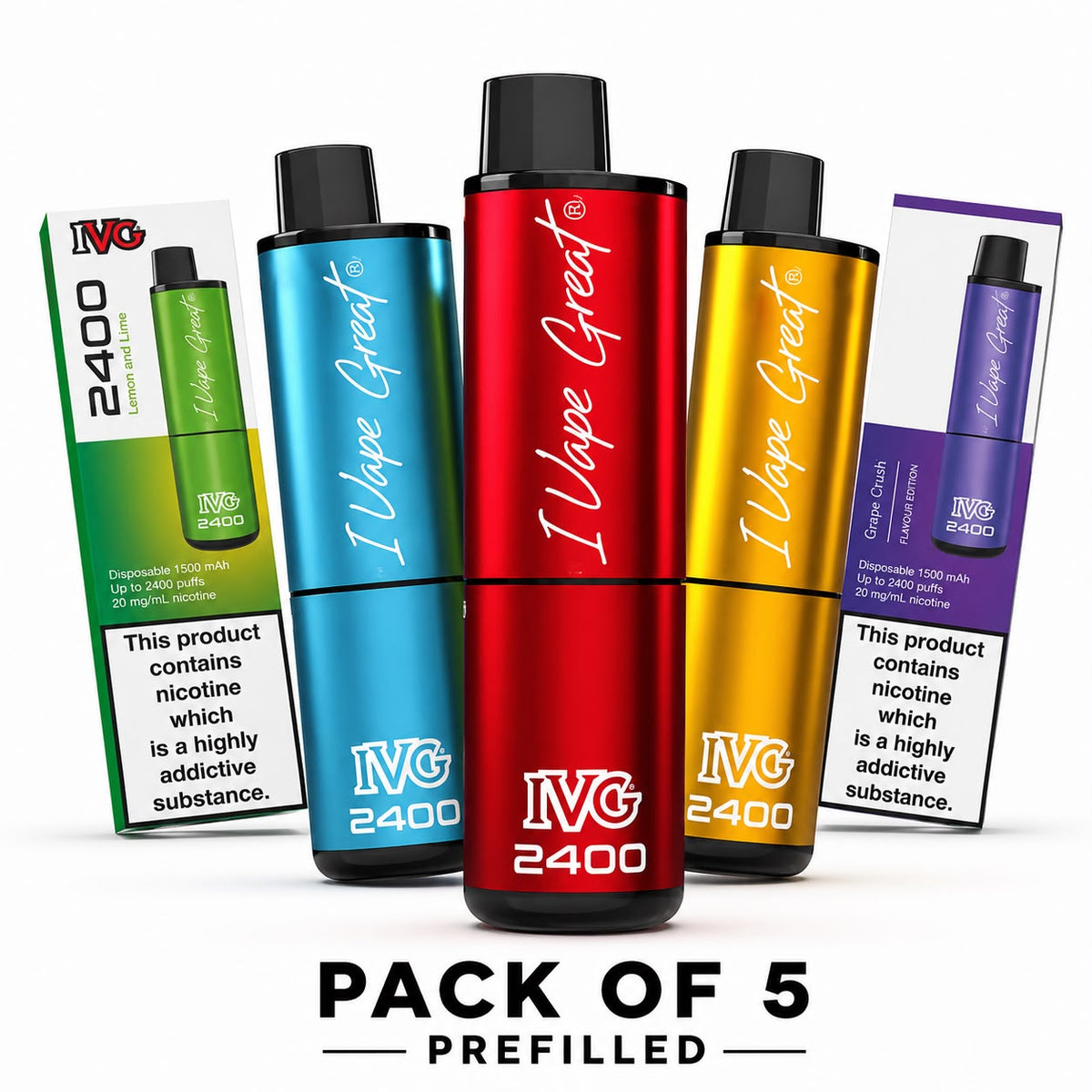 IVG 2400 Reloaded 4-in-1 Rechargeable Prefilled Vape Kit - Pack of 5 Devices