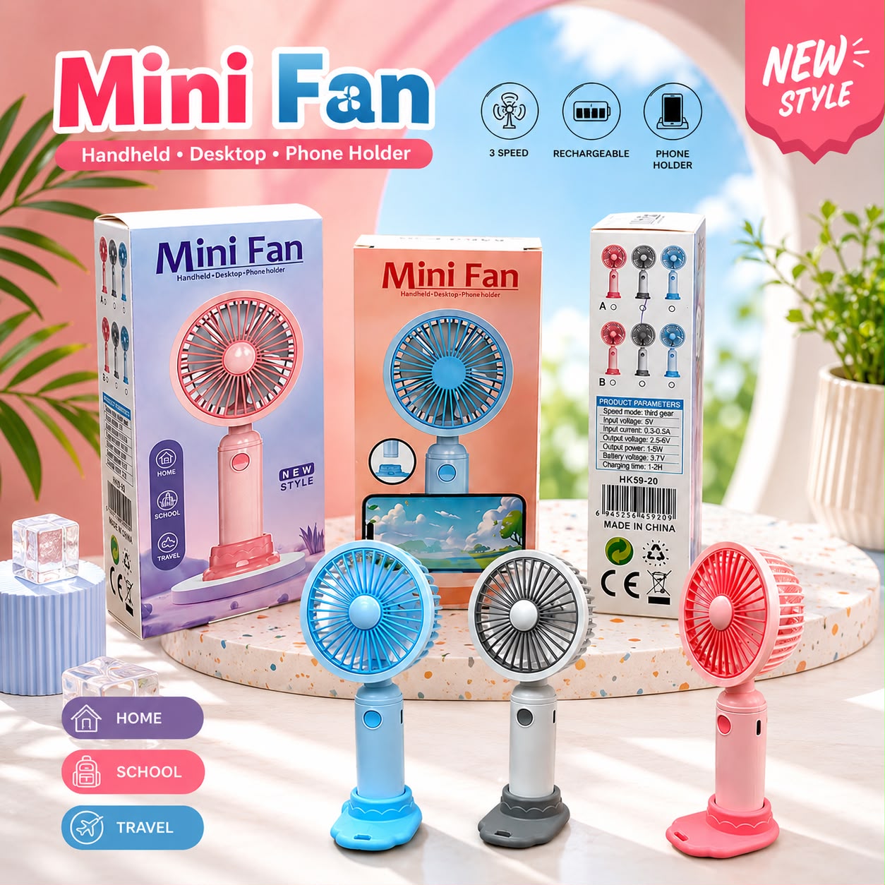Mini Rechargeable Handheld Fan with Phone Holder: 3-Speed USB Personal Fan